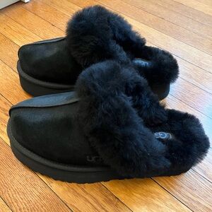 UGG Platform Black Suede Fur Slippers